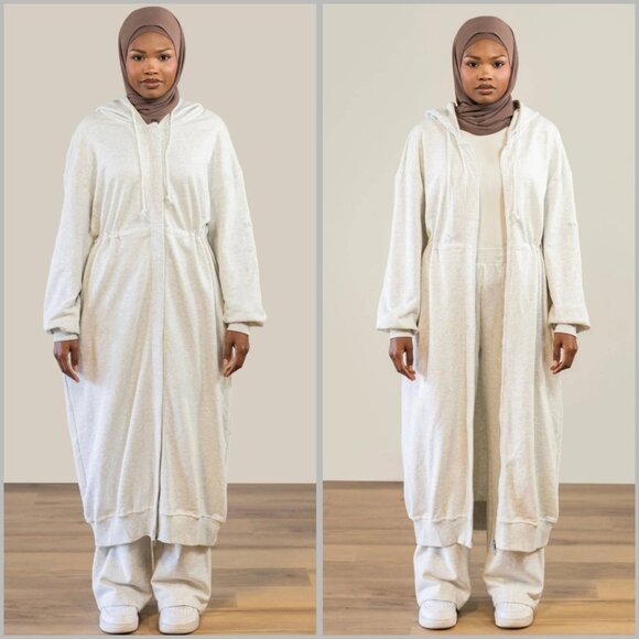 NEW batul Long Trench Hoody Coat Jacket Size Large Modest Beige Tan Cinch Waist - Picture 2 of 13